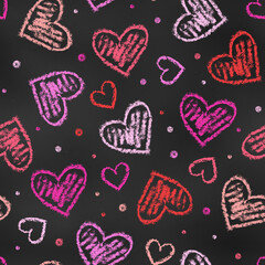 Seamless Pattern of Chalk Drawn Sketches Pink and Red Hearts on Chalkboard Backdrop. Stylized Romantic Grunge Endless Motif.