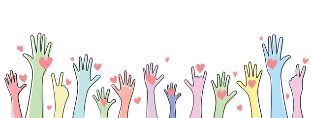 Colorful volunteering raise hands teamwork, heart of volunteer diverse people collaboration, voting, concert. Racial and gender equality. Panoramic vector illustration.