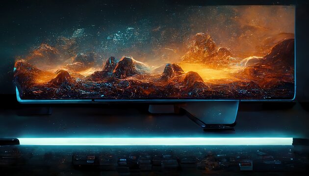 Laptop computer with lighting on a dark background. 3D illustrative image. 3d render, Raster illustration.