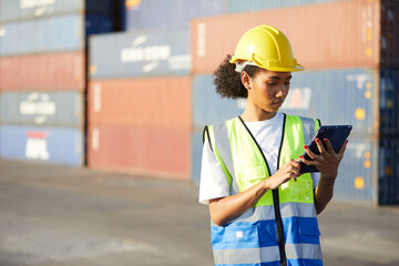 African factory worker or engineer using tablet for work in containers warehouse storage