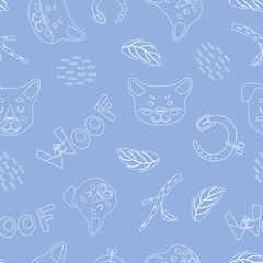 Puppy faces. Dogs, twigs with leaves and lettering on a blue background. Cute childish illustration in a linear style. For nursery and wallpaper, printing on fabric, wrapping