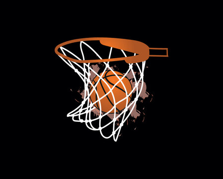 Basketball hoop, basketball net, basketball basket with basketball illustration on black background