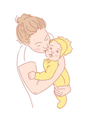 Mom kisses the baby on the cheek. mother and child. A young woman holds a child in her arms. single motherhood, happy childhood. Cute sketch style vector illustration. For posters, postcards, book.
