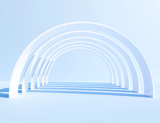Abstract 3D white corridor on light blue background. Modern tunnel with shadow wallpaper. 3D Rendering. Minimal and clean futuristic concept.