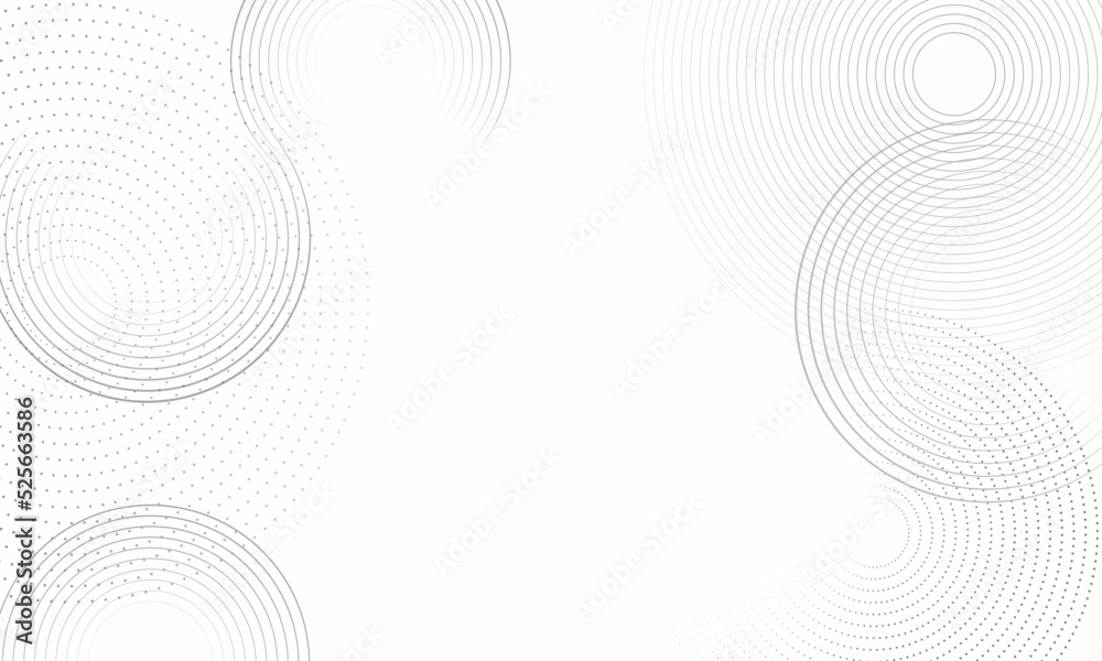 Poster Landing page with grey halftone circles. Dots and lines in circles over white background.