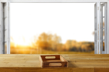 Desk of free space and window background 