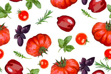 Tomato, rosemary and basil vector seamless pattern