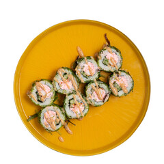 sushi art on a vivid orange yellow plate, sushi on a saffron plate, png file of sushi 