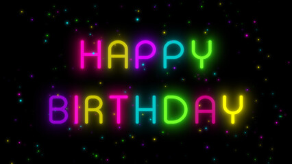 neon lights happy birthday text on dark background , colorful random text  birthday party design element