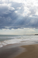 Mar, playa, tormenta, olas, nubes, tardecer, rayo de uz