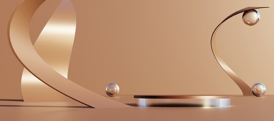 Abstract bronze podium. Stand to show products in banner size. Stage showcase with luxury style platform for presentation. Elegant pedestal display. Website cover. 3D rendering.