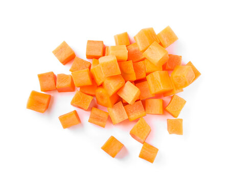 Fresh ripe diced carrot on white background, top view