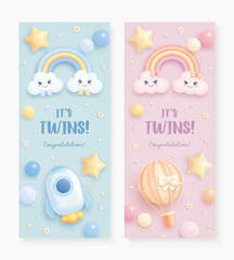 Baby shower vertical invitation with cartoon rainbow, clouds, hot air balloon, rocket, balloons and flowers on pink and blue background. It's twins. Vector illustration