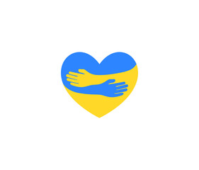 Heart flat shape with hands hugs in blue yellow Ukrainian flag colors logo. UA Care, love and support of Ukraine symbol. Vector illustration