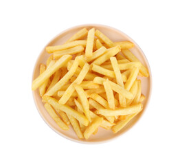 Plate with delicious french fries on white background, top view