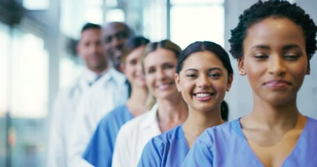 Workforce ready for medical service with trust in line standing at hospital, collaboration at clinic and working in medicine as team. Portrait of healthcare workers showing success and trust - Powered by Adobe