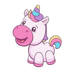 Cute cartoon unicorn. Vector illustration isolated on white background of funny sweet pony. 