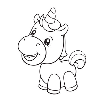 Coloring book page with cute cartoon unicorn. Activity page and worksheet. Vector illustration funny animals character isolated on white background. 