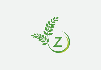 Green leaf and laurel wreath logo design vector with the letter and alphabet Z