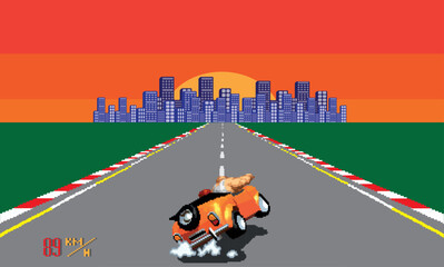 Pixelated retro arcade racing car formula. pixel sun city background