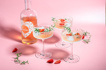 drink cocktail with ice in a glass on pink background. refreshing fruit cocktail or punch with wine champagne, strawberries, ice and rosemary