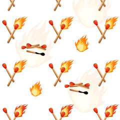 Seamless vector pattern with burning matches on white background.