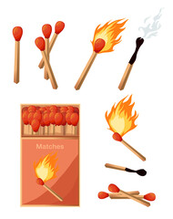 Collection of matches. Burning match with fire, opened matchbox, burnt matchstick. Flat design style. Vector illustration isolated
