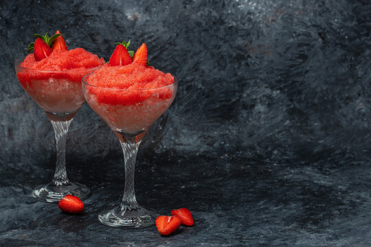 strawberry frose cocktail with pink wine Frose Slushy Smoothy Alcoholic Beverage. Boozy Frozen Rose Frose