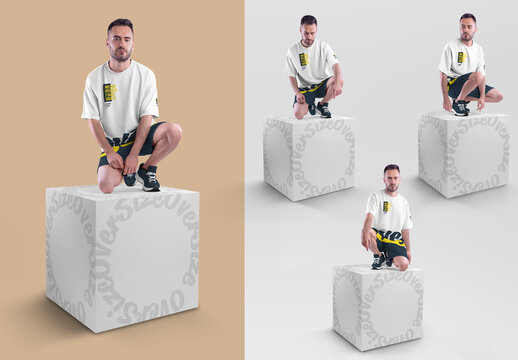 4 Mockups of Model in Oversize T-Shirt and Shorts on the Cube