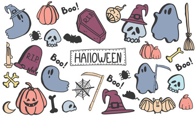 Vector set of halloween clipart. hand drawn Doodle cartoon collection set of icon and symbols about the Halloween day. Funny, cute illustration for design, textile, decoration
