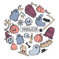 Vector set of halloween clipart. hand drawn Doodle cartoon collection set of icon and symbols about the Halloween day. Funny, cute illustration for design, textile, decoration