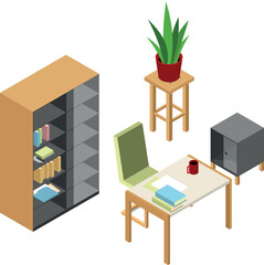 Isometric studying research workplace. Office work furniture