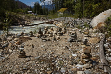 Small cairns at Sicamous Creek Falls in British Columbia,Canada,North America
