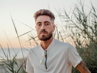 Portrait of a Caucasian guy with a beard and piercing, looking into the camera at sunset - obrazy, fototapety, plakaty