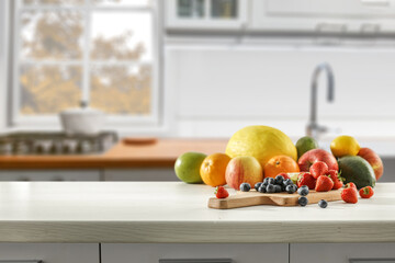 Desk of free space and kitchen interior. 