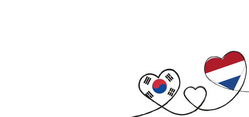 Drei verbundene Herzen mit der Flagge der Niederlande und Südkorea