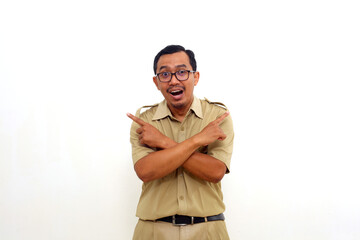 Happy Indonesian government employees standing while presenting both sides. Isolated on white