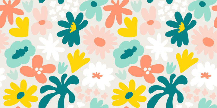 Fototapeta Abstract seamless pattern with cute hand drawn meadow flowers. Fashion stylish natural background.