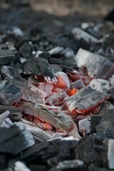 Vertical closeup shot of burning coal with orange flames