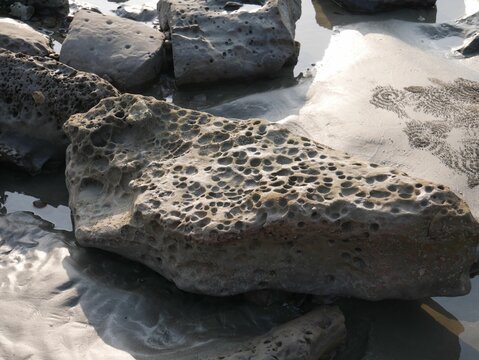 High angle shot of rocks with erosion holes on a sandy beach in  Kyauk Phyu, Rakhine, Myanmar
