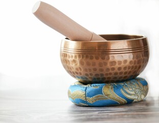 Hand-hammered Tibetan singing bowl set for meditation, musical instrument