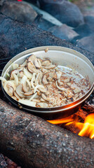 porcini mushrooms are fried in a frying pan on a campfire outdoor food camping vacation delicious