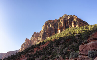 American Mountain Landscape. Sunny Morning Sky. Zion National Park, Utah, United States of America. Nature Background