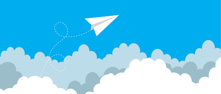 Blue sky with paper plane flying and clouds vector background. Creative carton border of clouds. Airy atmosphere stylish design. Vector
