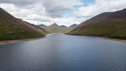 Silent Valley Reservoir in Mourne Mourne Mountains near Kilkeeel, Northern Ireland. Aerial view 