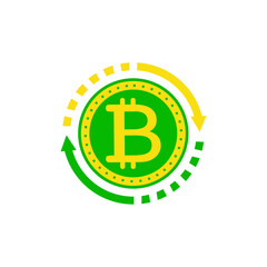 Bitcoin investment icon. Profitable investment in cryptocurrency. Green and yellow bitcoin design with arrows. Bitcoin international network marketing concept. modern vector illustration