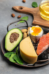 Set low carbs products with high protein and good fat source. Healthy fats, clean eating for weight loss on a dark background, Keto or ketogenic diet, vertical image. top view