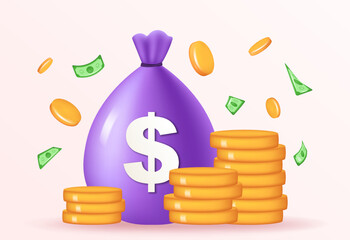 3D money bag with dollar sign and falling green paper currency and gold coins. Vector illustration