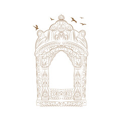 Jharokha vector illustration. Window architecture illustration. Jharokha with Birds illustration. Line art arch illustration. Flying Birds illustration. Rajasthani Jharokha vector.