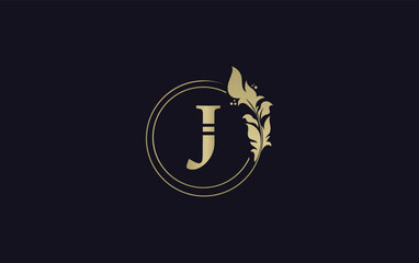 Golden leaf circle and creative logo design vector with the letters for professional brand and business J